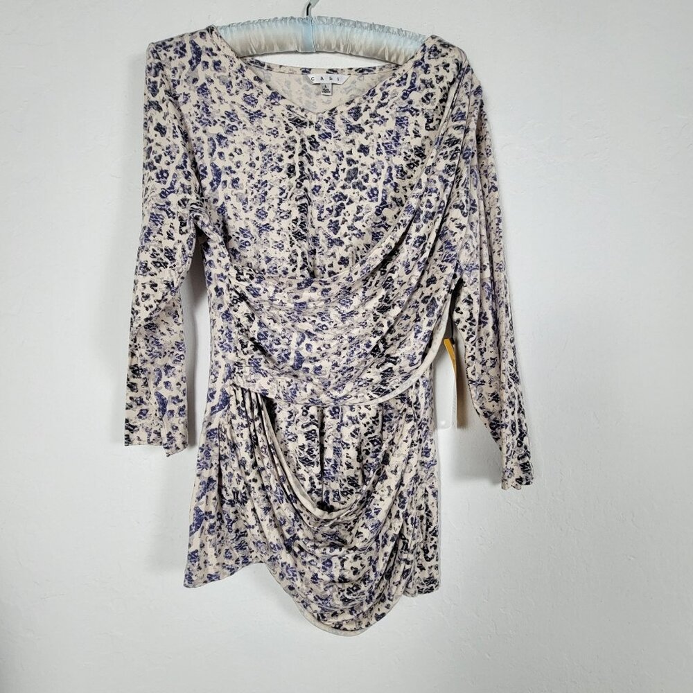 Cabi The Shore Womens Double Drape Tee Large Animal Print 3/4 Sleeve Stretch New